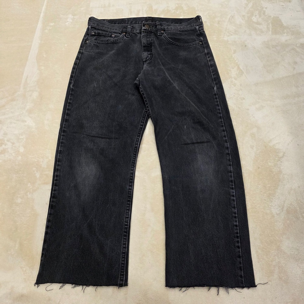 Wrangler Premium Quality Black Jeans Faded 33x25 Raw Hem Distressed Wide Crop